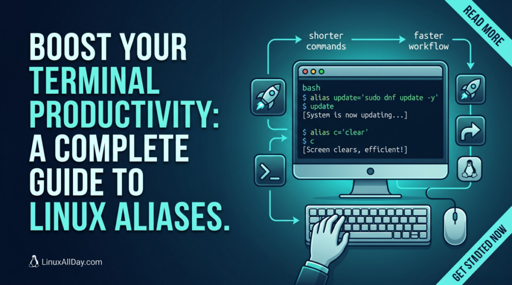 Infographic showing Linux aliases examples on a computer monitor to boost terminal productivity.